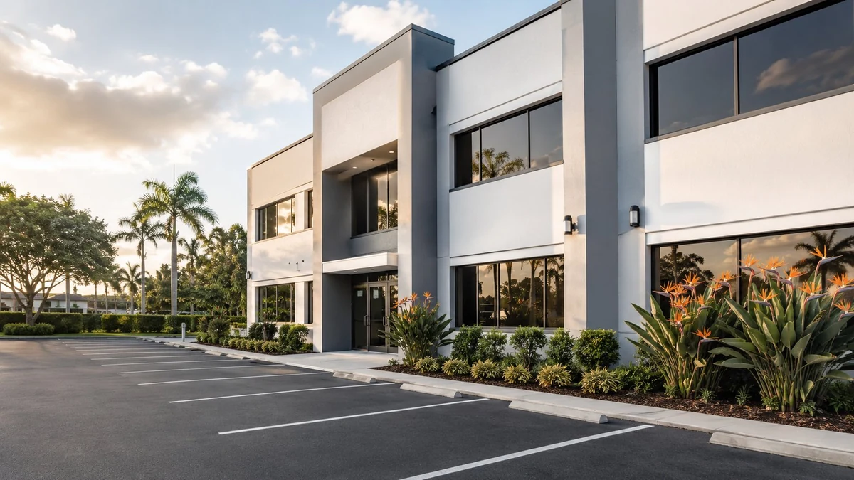 Freshly painted modern office building exterior in Boca Raton with professional landscaping