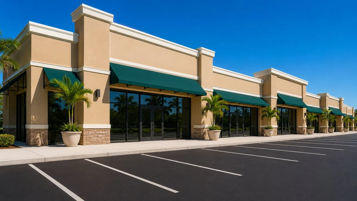 Freshly painted retail strip center in Boynton Beach with tan stucco, green awnings, and palm planters