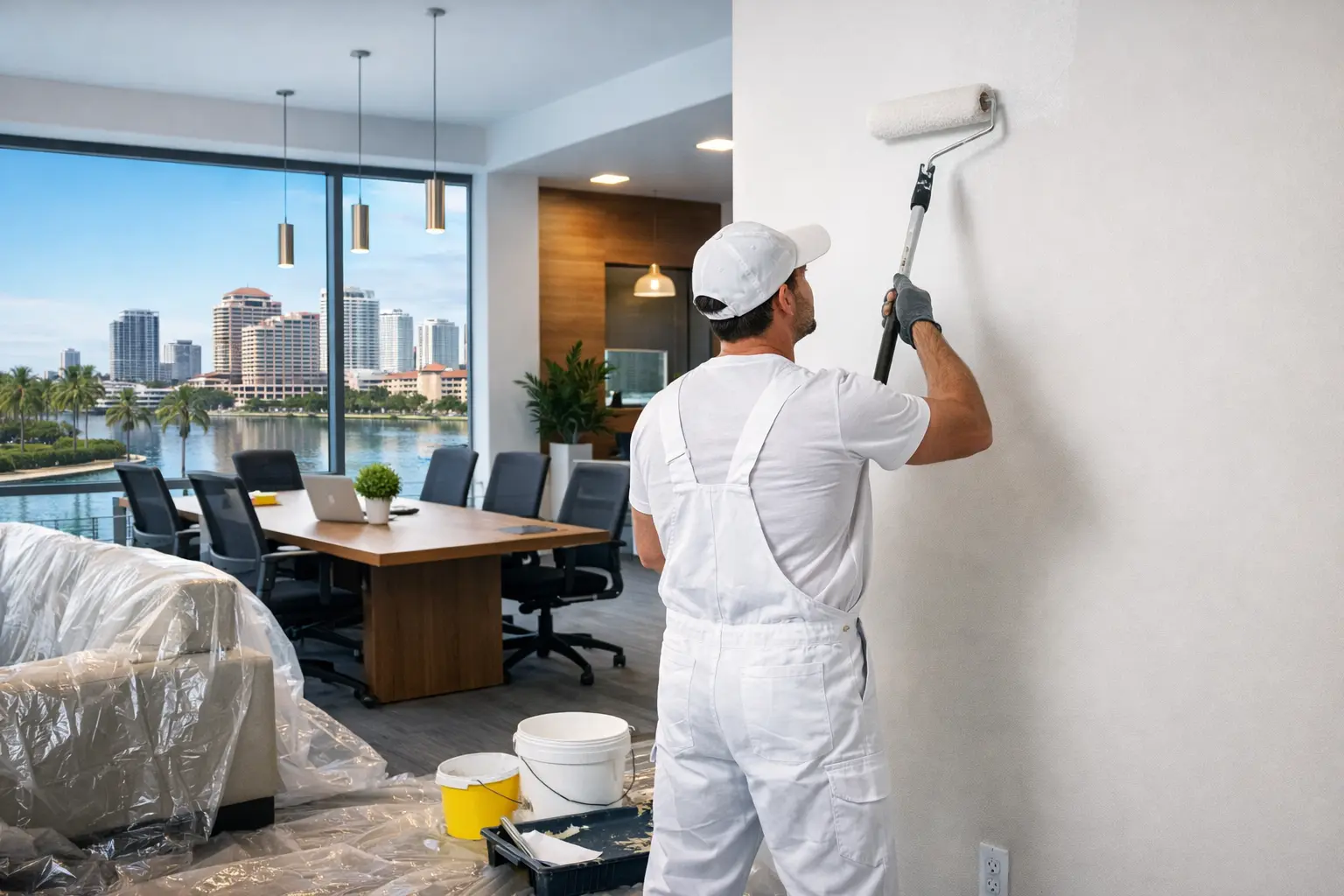 Commercial painter working in a modern office interior in West Palm Beach