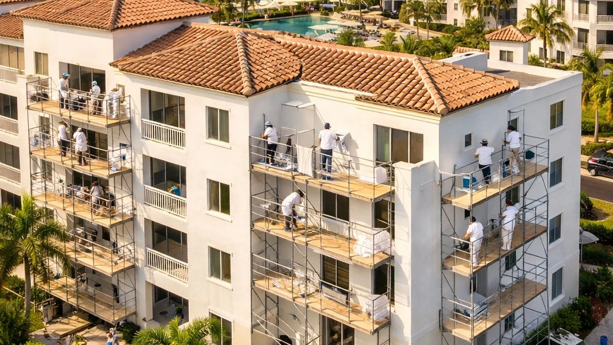 Condo building exterior painting in South Florida with palm trees