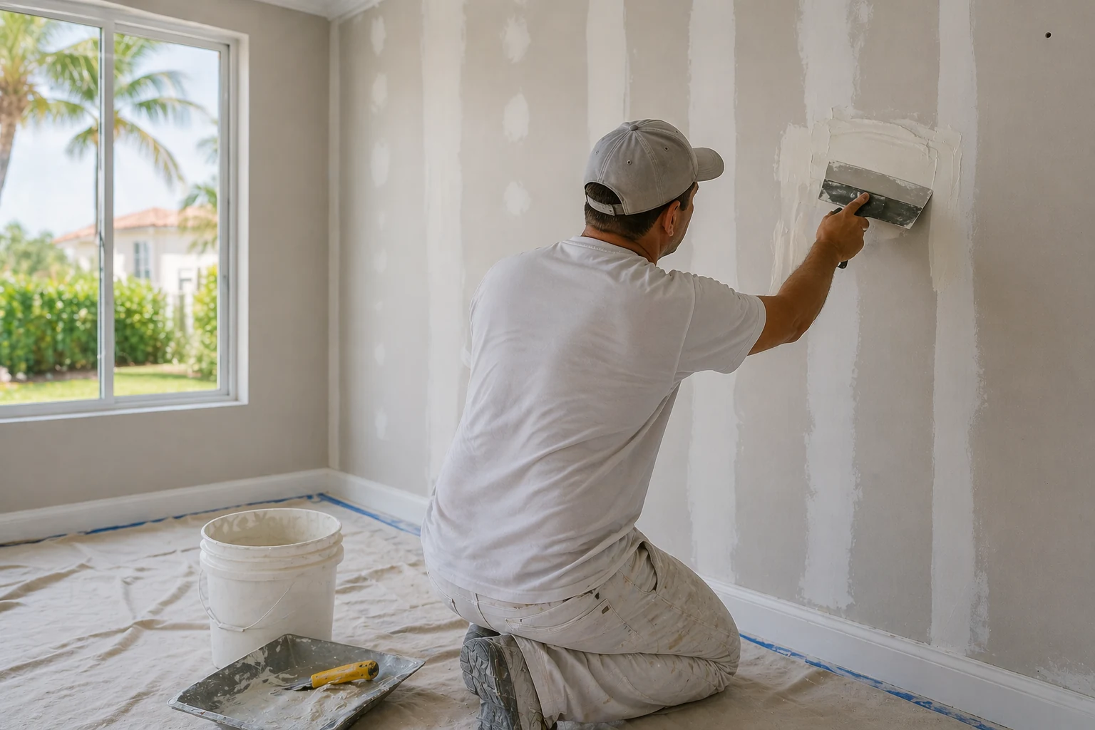 Drywall repair in a Boca Raton home with smooth wall finishing