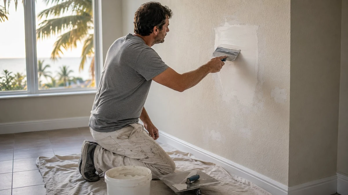 Professional drywall repair on a Delray Beach home interior wall before painting