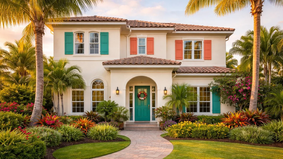 South Florida home with well chosen exterior paint colors surrounded by tropical landscaping