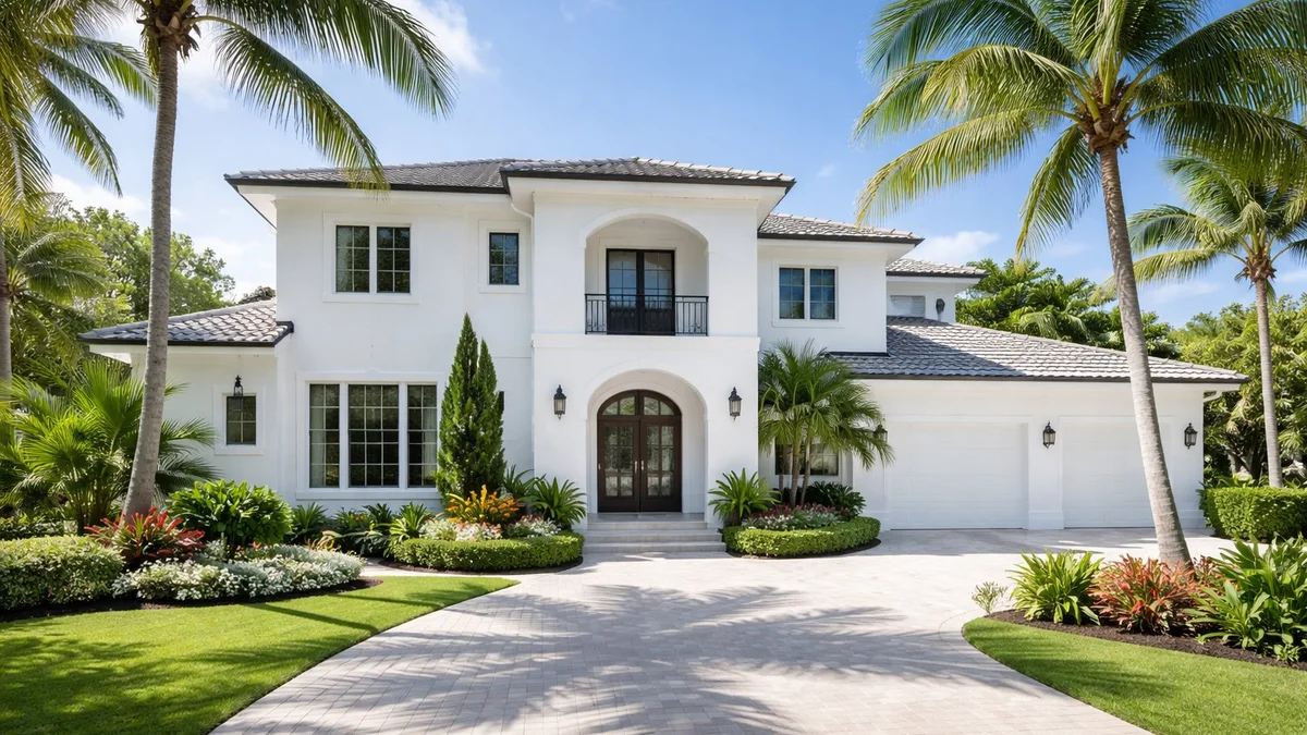 Freshly painted white stucco home in South Florida surrounded by palm trees