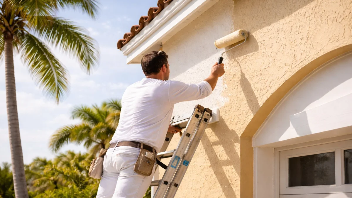 Painter working on exterior of South Florida home in Palm Beach County