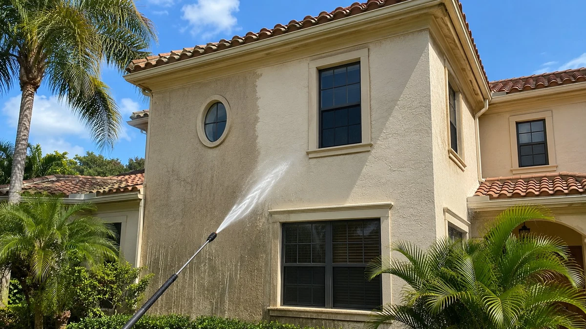 Pressure washing stucco exterior before repainting on a Palm Beach County home