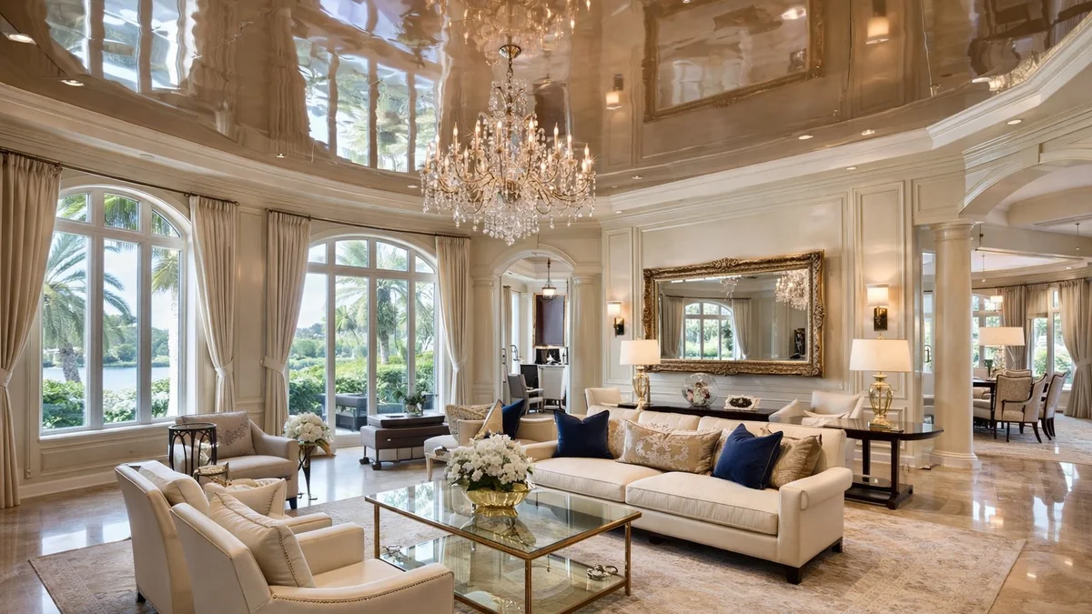 Elegant high gloss painted ceiling in a luxury Boca Raton home interior with dramatic reflective finish