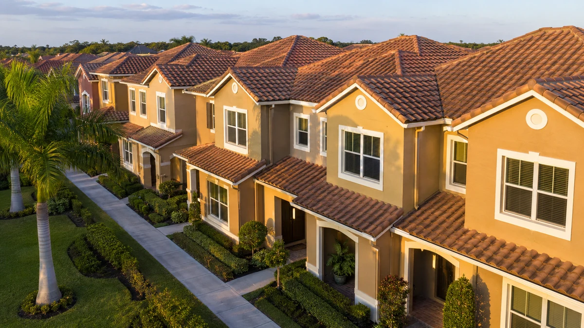 Row of freshly painted Mediterranean-style townhomes in a Palm Beach County HOA community