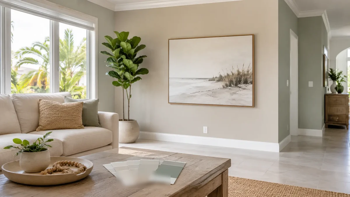 South Florida living room interior with soft neutral paint colors and paint swatch cards on a table