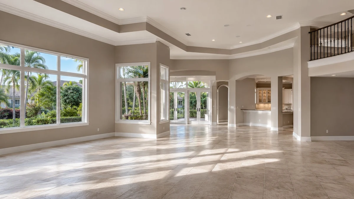 Freshly painted open-concept living area in a Boca Raton home with high ceilings and tray ceiling detail