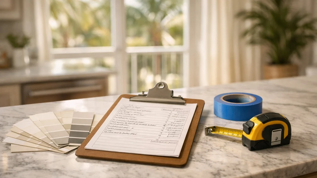 Painting estimate clipboard with paint color swatches, blue painter's tape, and measuring tape on a marble counter in a Palm Beach County home
