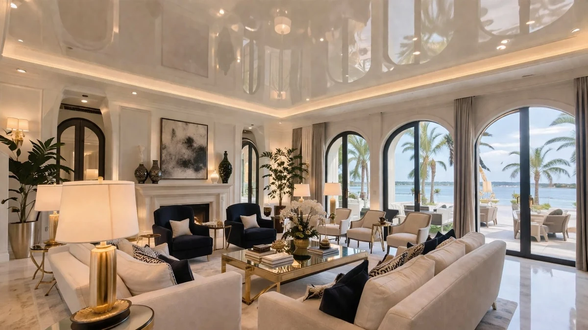 Luxury South Florida home interior with high gloss lacquered ceiling and dramatic lighting