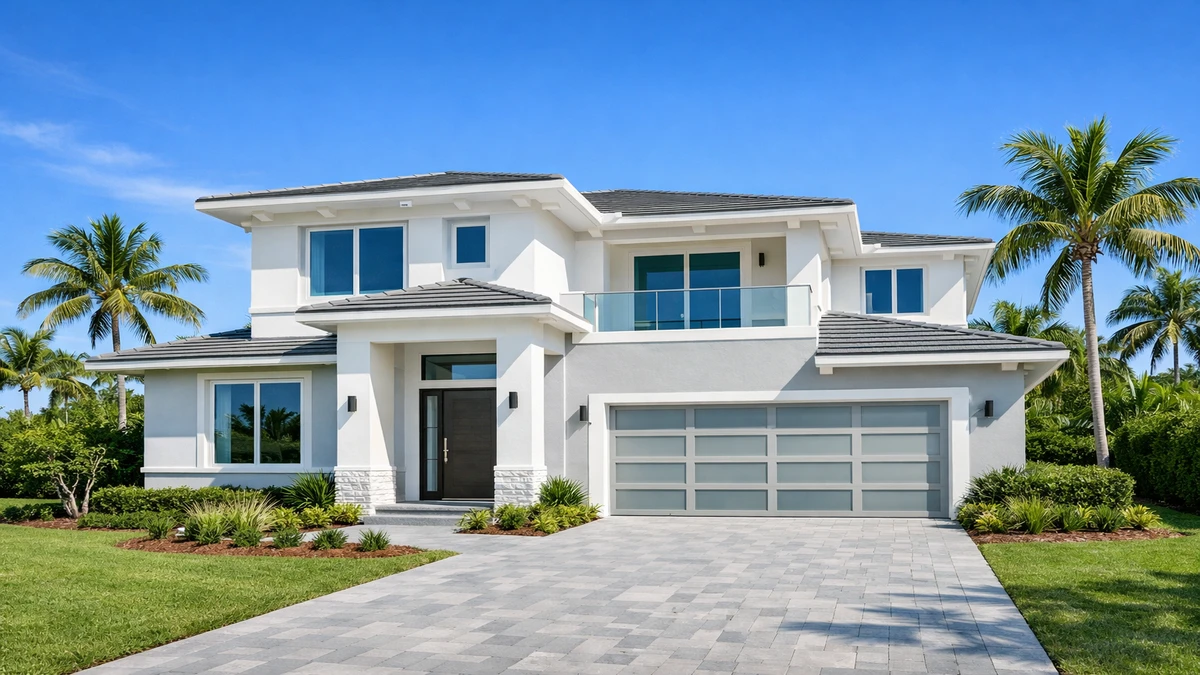 New construction home in South Florida with fresh white stucco exterior and palm trees