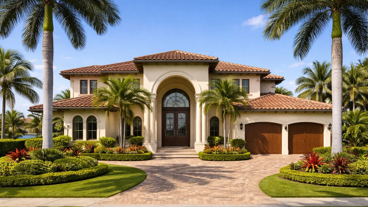 Beautiful stucco home in Boca Raton Florida with Mediterranean architecture and lush landscaping