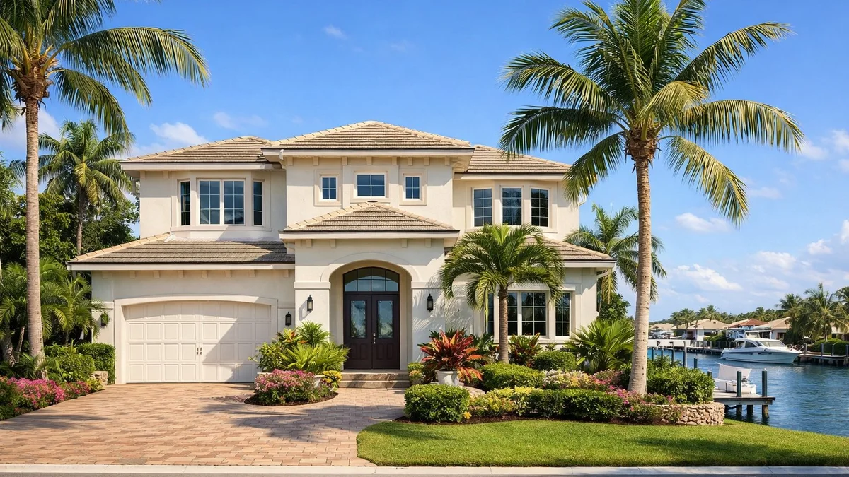 Freshly painted stucco home in Boynton Beach Florida with palm trees and blue sky