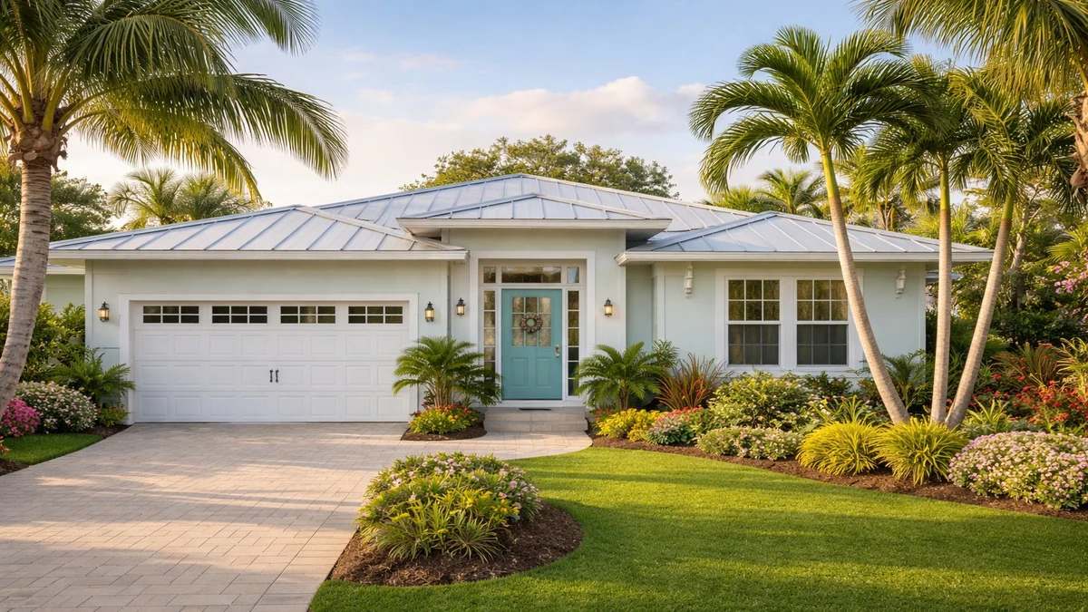 Freshly painted coastal home in Delray Beach Florida with tropical landscaping and palm trees