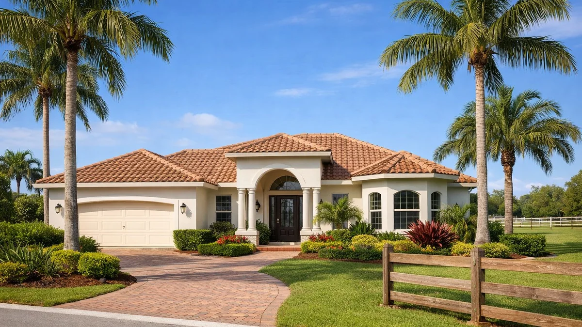 Well-maintained stucco home in Wellington Florida with lush landscaping and palm trees