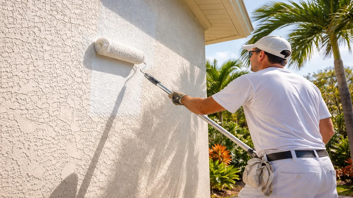 Professional painter applying fresh coat to textured stucco exterior of a South Florida home