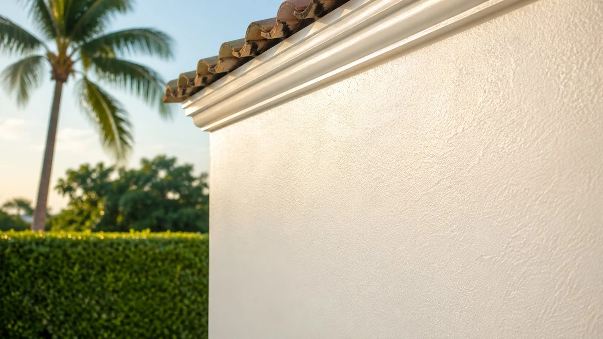 Waterproofed white stucco exterior wall on a Boca Raton home with elastomeric coating sheen