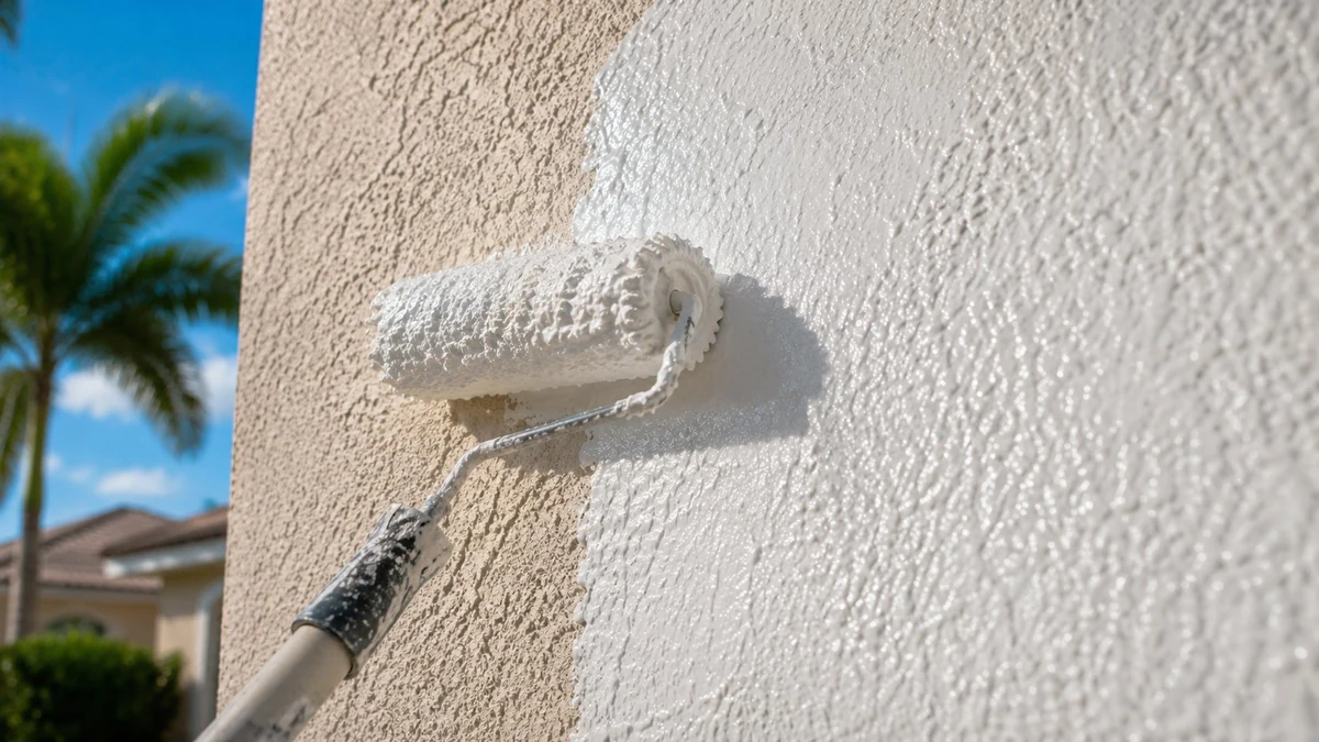 Roller applying elastomeric waterproofing coating to exterior stucco wall in Palm Beach County