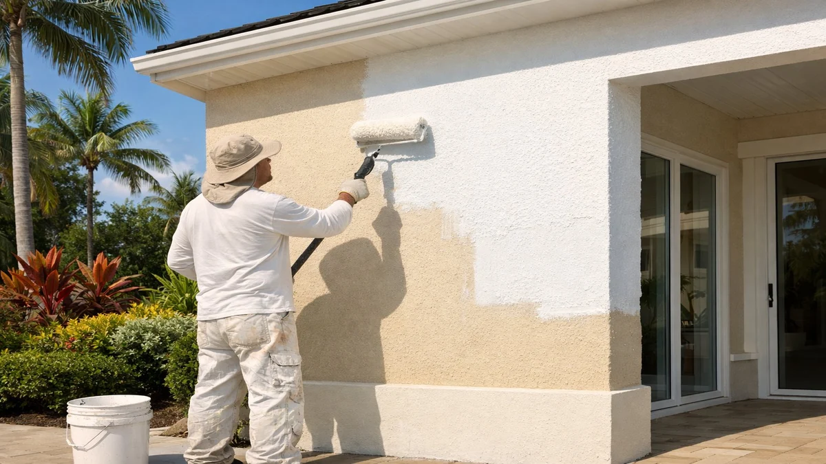 Professional applying elastomeric waterproof coating to a South Florida home exterior