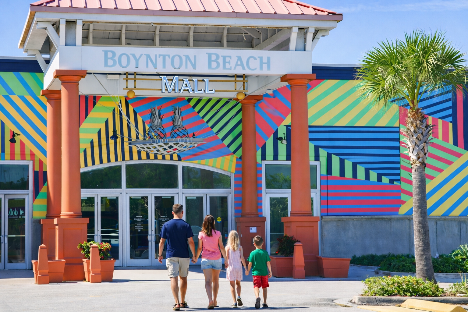 Boynton Beach Mall entrance with colorful murals and palm trees