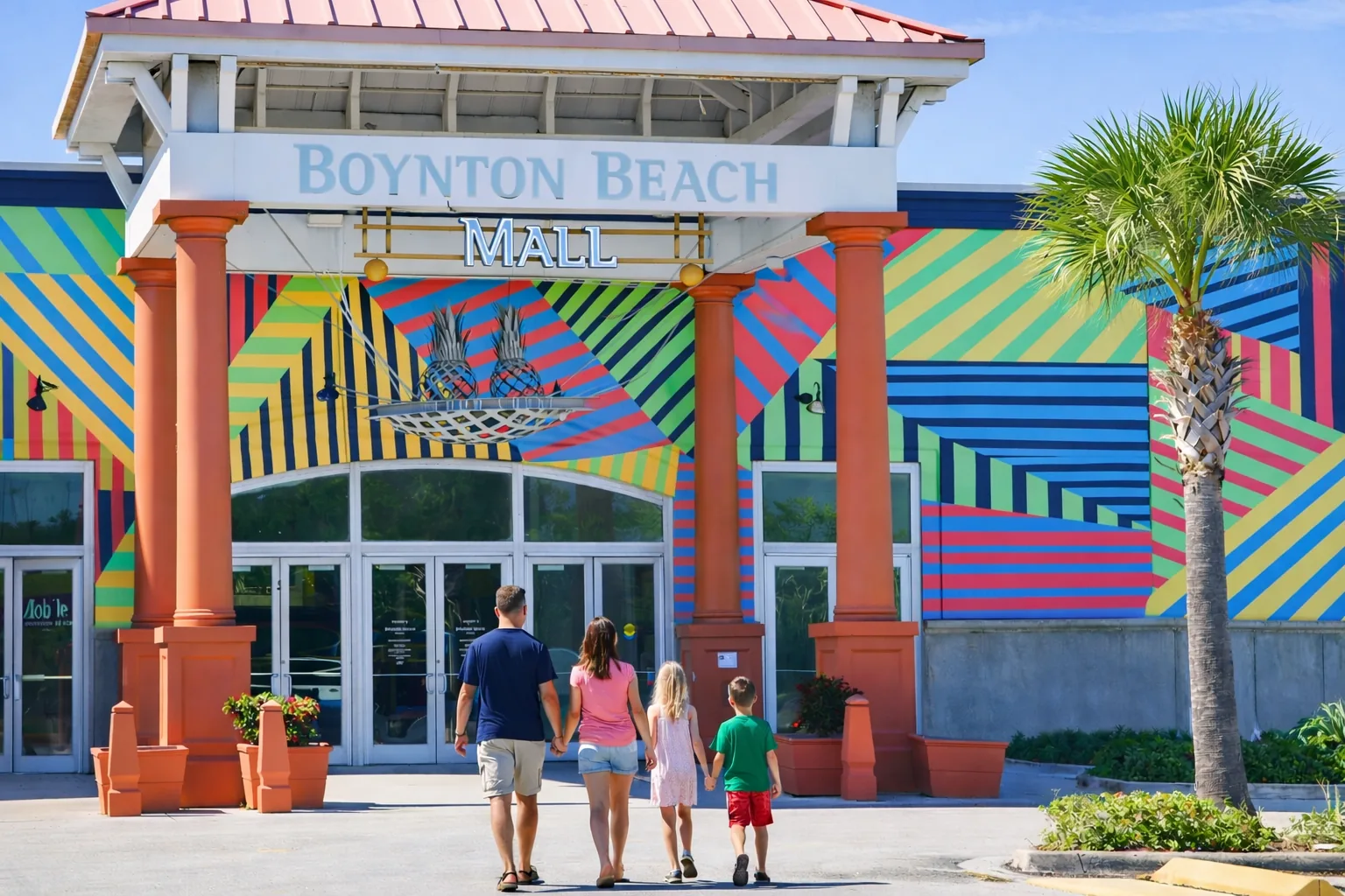 Boynton Beach Mall entrance with colorful murals and palm trees