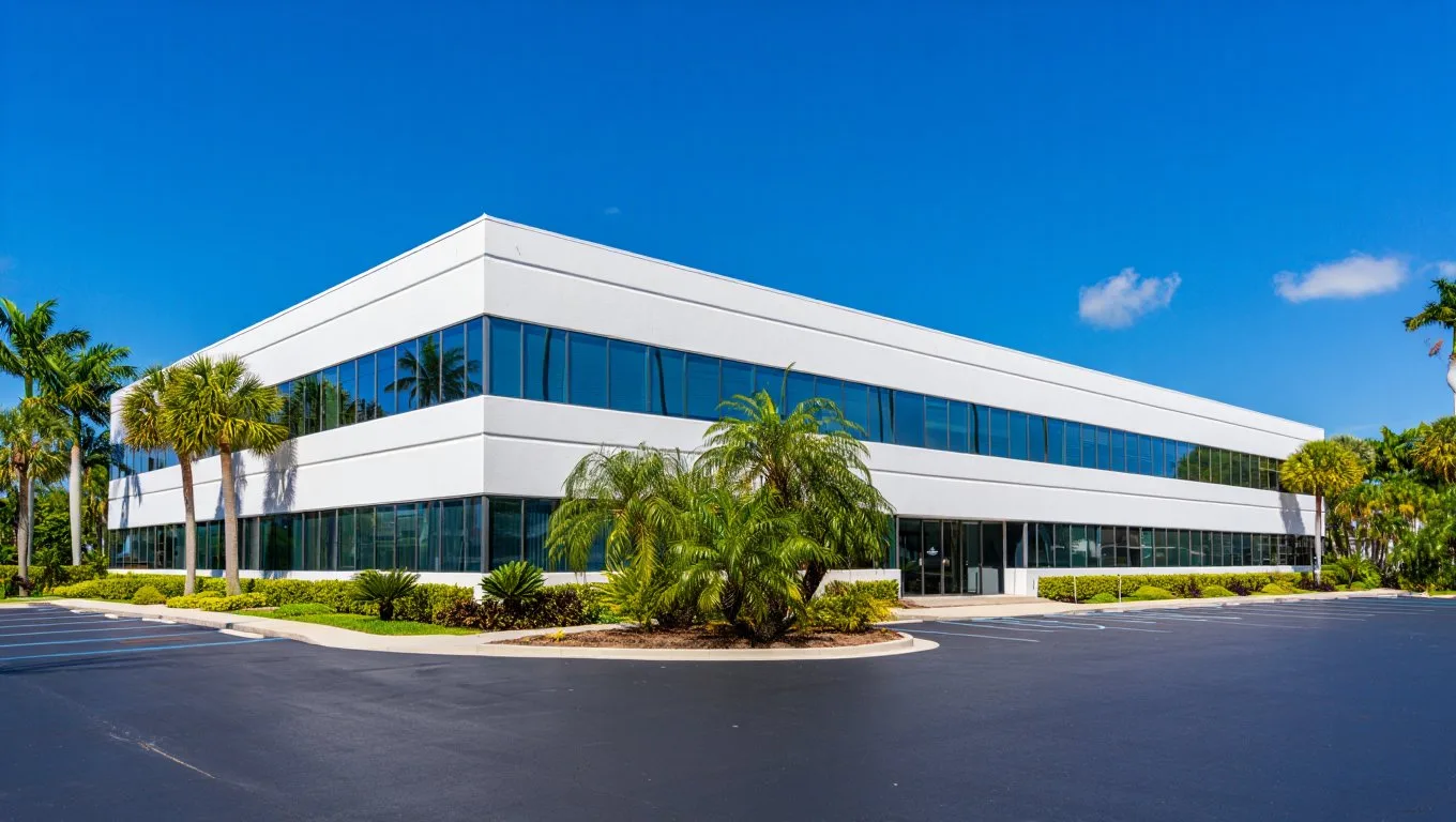 Freshly painted modern office building in Boca Raton with palm trees and blue sky
