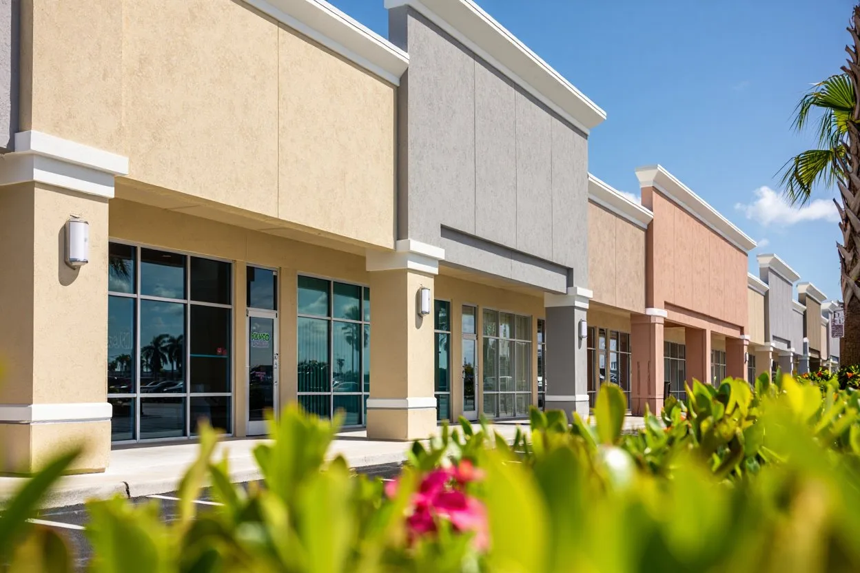 Freshly painted retail strip center in Boynton Beach with palm trees and blue sky