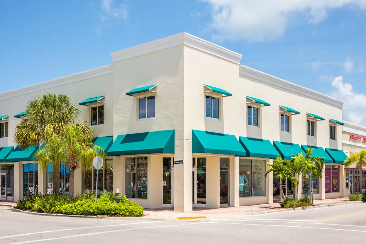 Freshly painted coastal boutique commercial building in Delray Beach with teal awnings