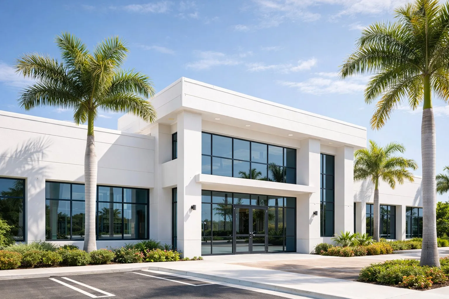 Modern South Florida commercial building with clean white exterior, large glass windows, palm trees, and professional landscaping