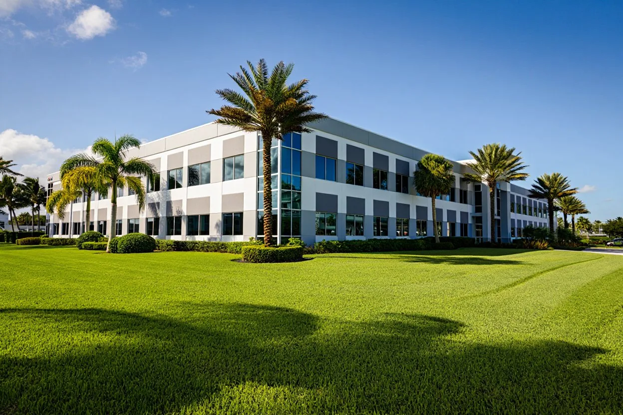 Freshly painted office park building in Wellington Florida with manicured lawn and palm trees
