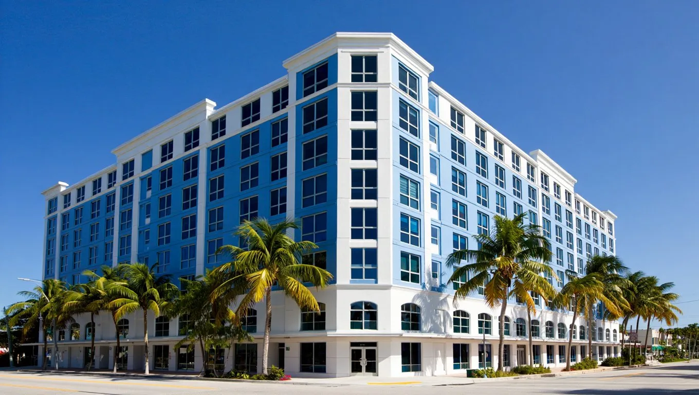 Freshly painted mid-rise commercial building in downtown West Palm Beach with palm trees