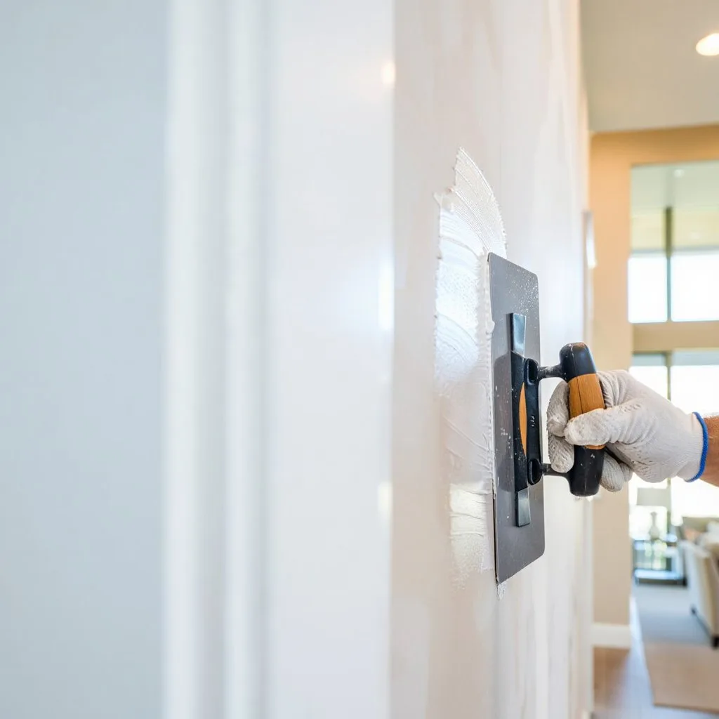 Gloved hands smoothing joint compound on drywall repair inside a luxury Boca Raton home