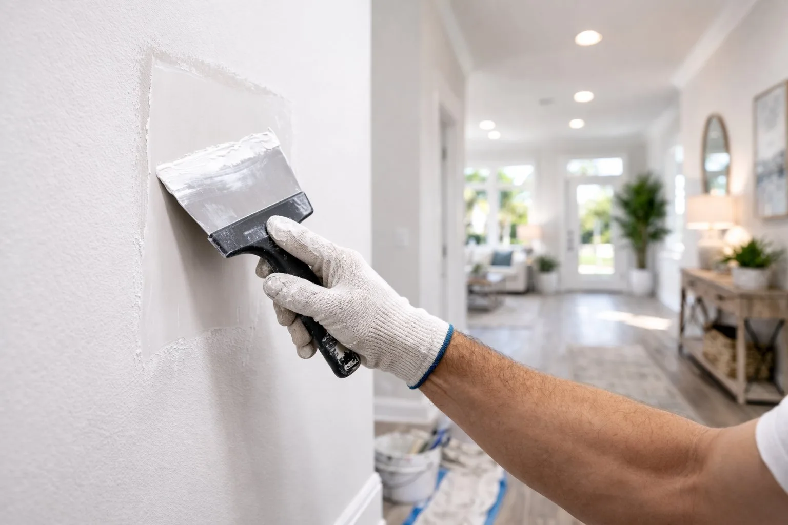 Gloved hand smoothing joint compound on a drywall patch in a South Florida home with bright coastal interior visible in background
