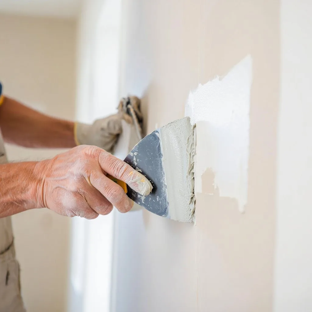 Contractor's hands and putty knife smoothing drywall skim coat in a Wellington estate home with vaulted ceiling