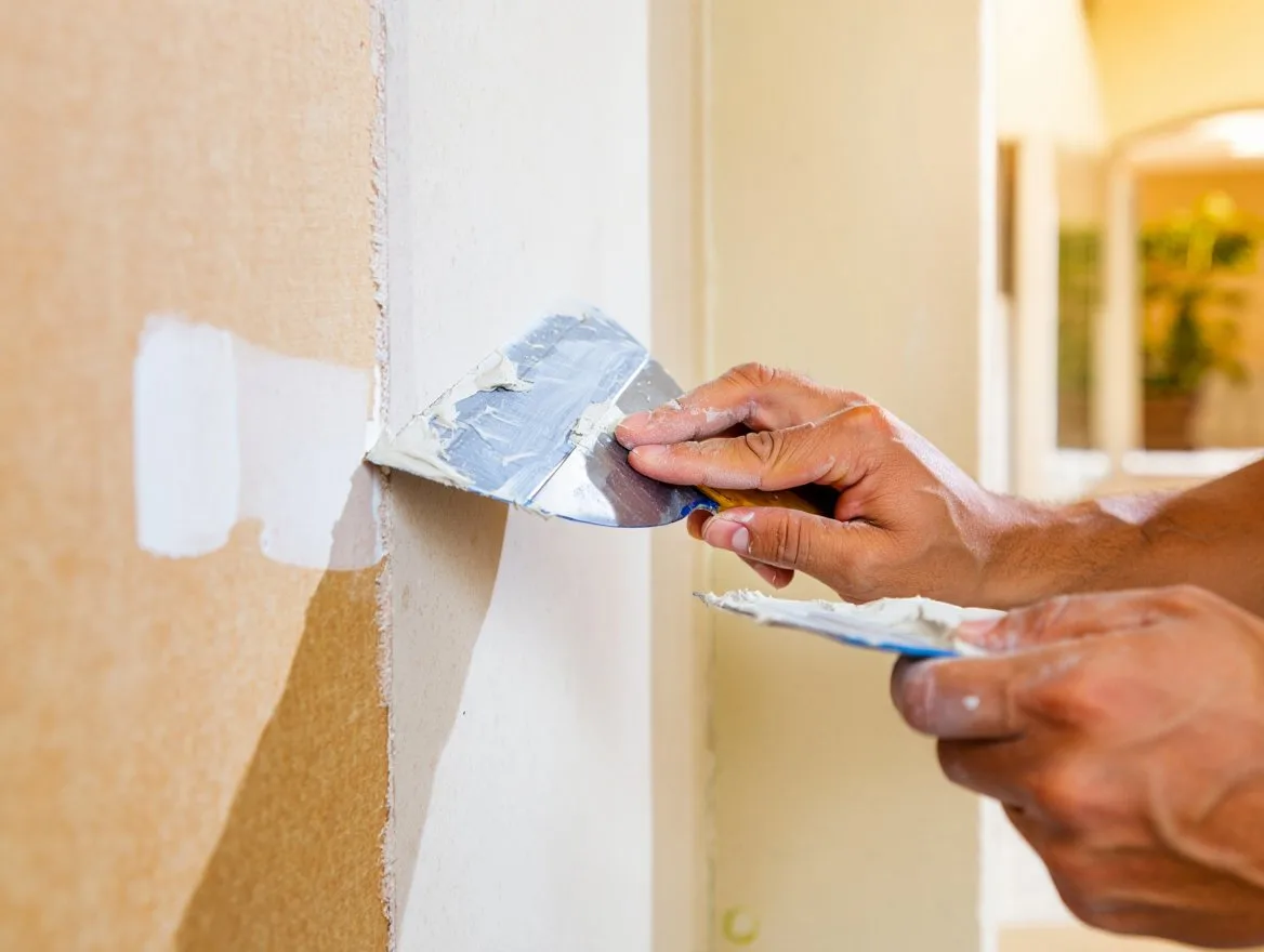 Close up of drywall repair in progress in a West Palm Beach property with large window in background