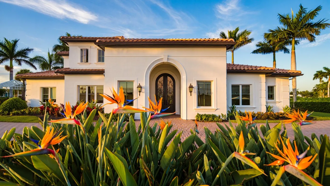 Freshly painted Mediterranean stucco home in Boca Raton with bird of paradise landscaping
