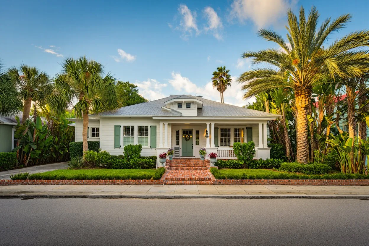 Freshly painted Craftsman bungalow in Delray Beach historic district with green shutters and brick walkway