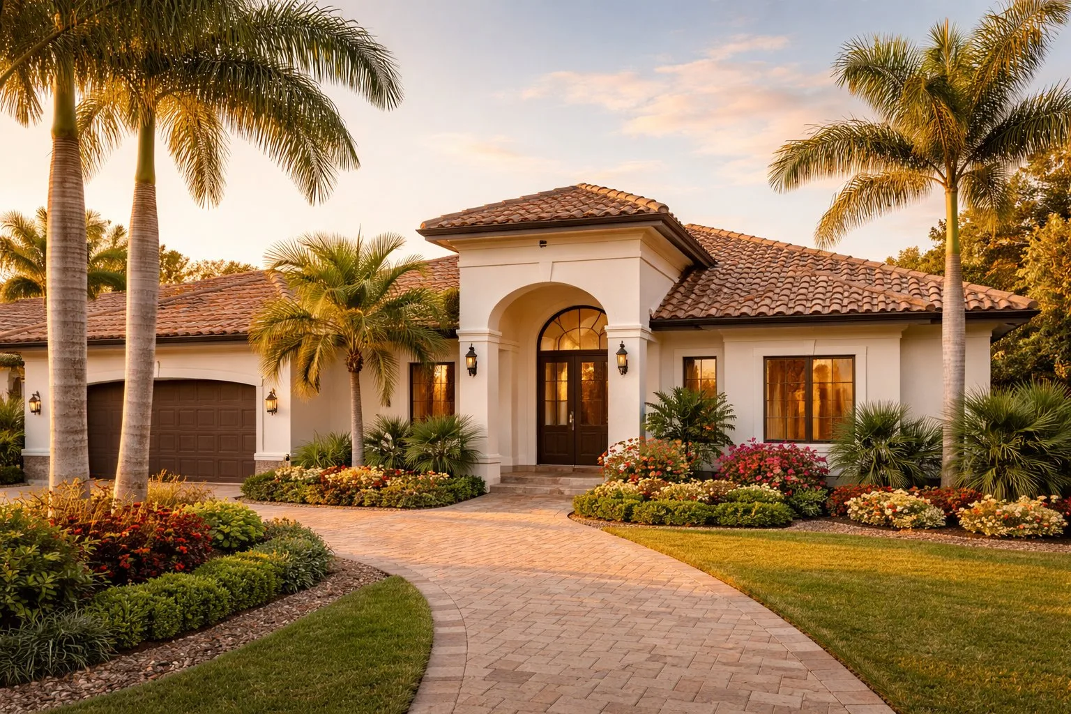 Freshly painted Mediterranean stucco home in South Florida with tile roof, palm trees, and tropical landscaping at golden hour
