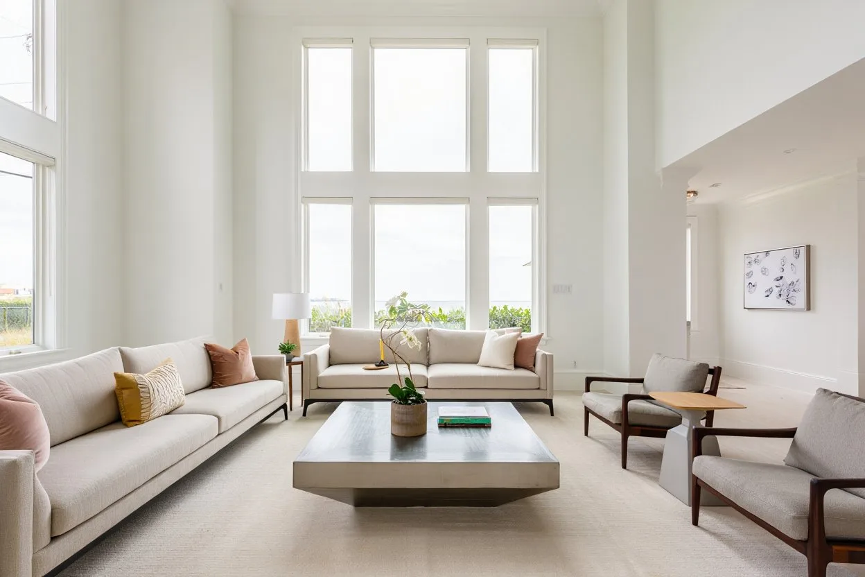 Freshly painted luxury living room in Boca Raton with high ceilings and floor-to-ceiling windows