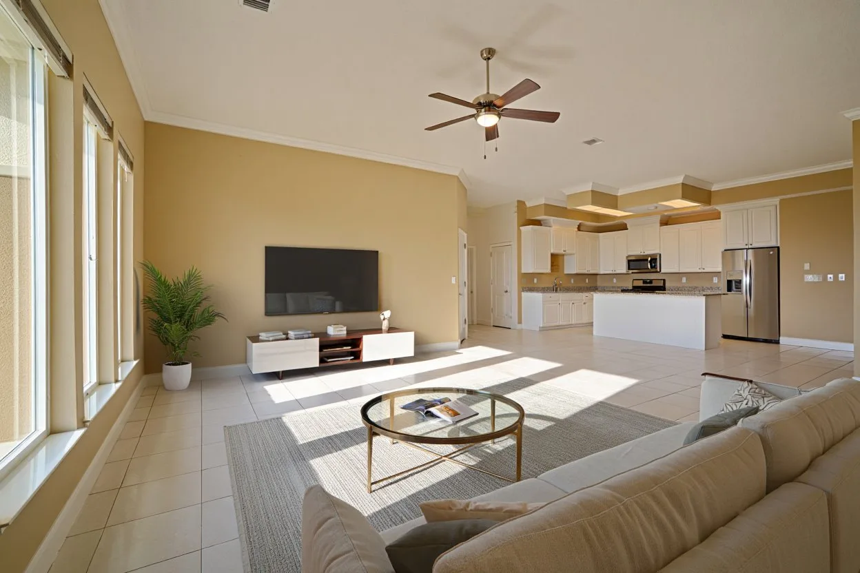 Open-plan interior of a Boynton Beach home with warm walls, ceiling fan, and abundant natural light