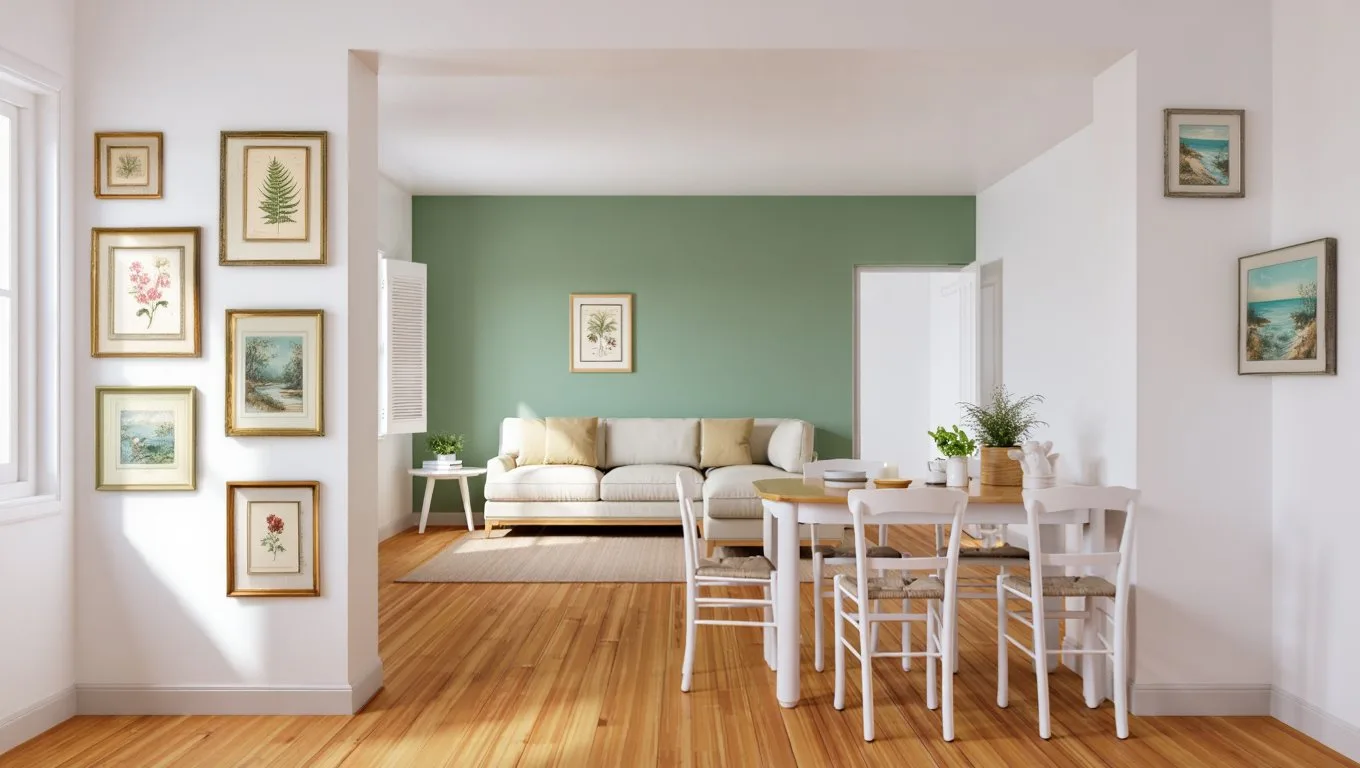 Bright Delray Beach bungalow interior with white walls, sage green accent wall, hardwood floors, and coastal artwork