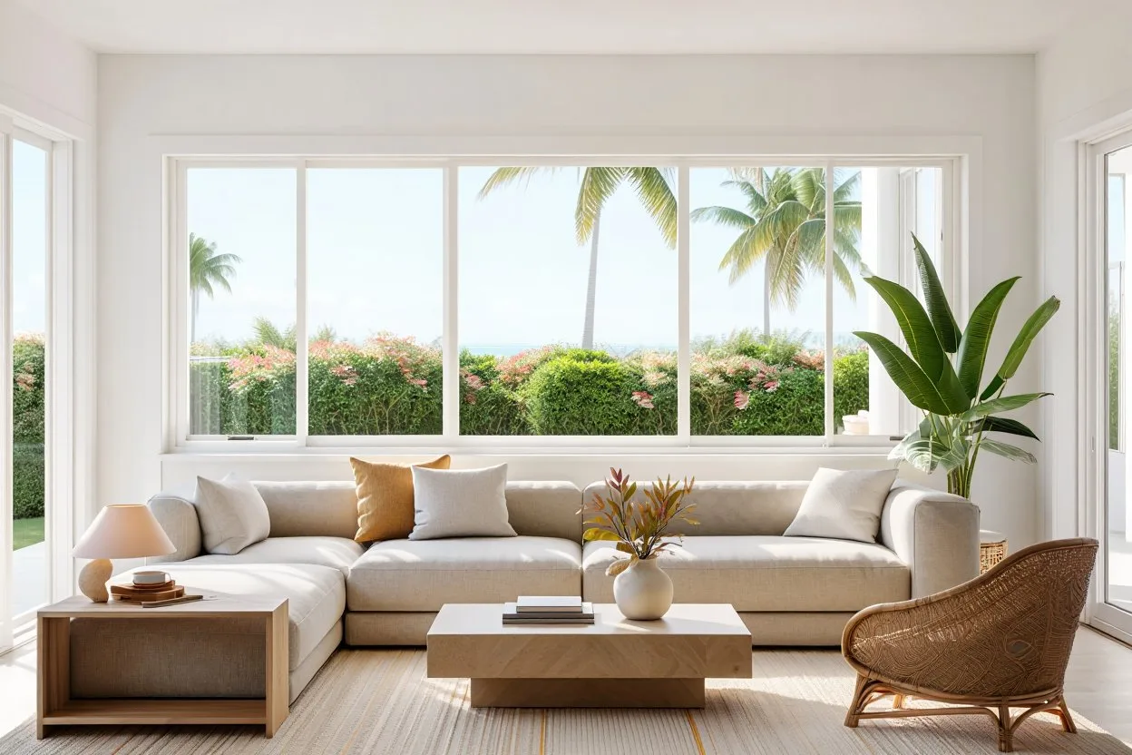 Bright upscale South Florida living room with freshly painted white walls, large windows with palm tree views, and coastal interior design