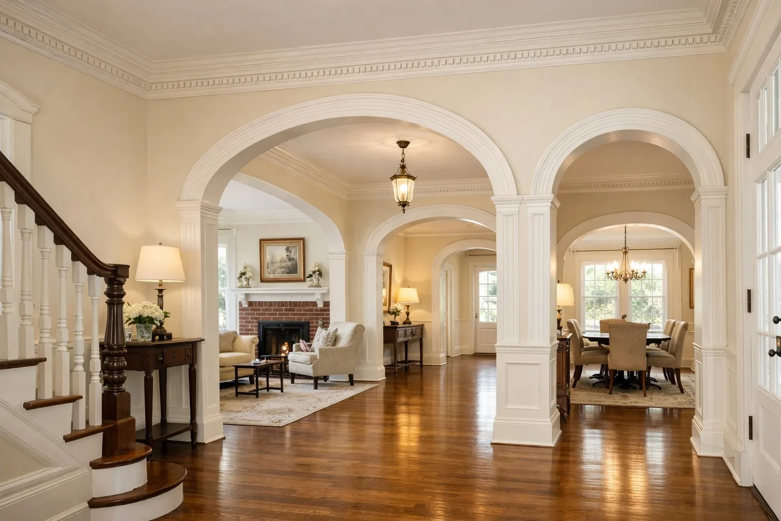 Historic West Palm Beach home interior with original arched doorways, ornate crown molding, hardwood floors, and warm cream walls