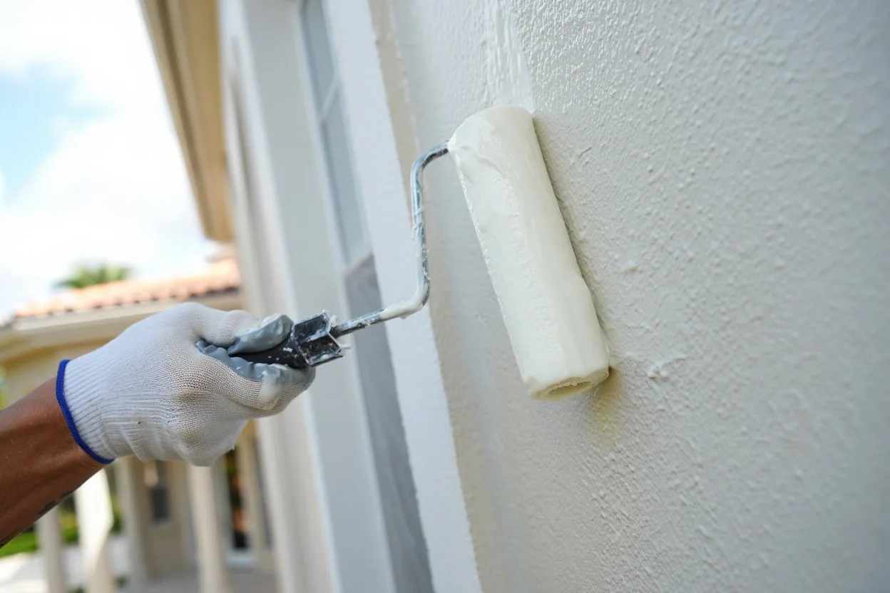 Gloved hand rolling elastomeric waterproof coating onto stucco exterior of a Boca Raton home with tile roof and blue sky