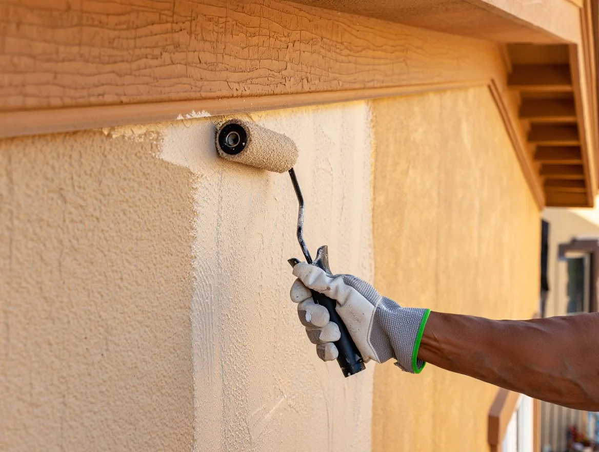 Gloved hand rolling waterproof coating onto stucco exterior of a historic Delray Beach home with peeling trim visible