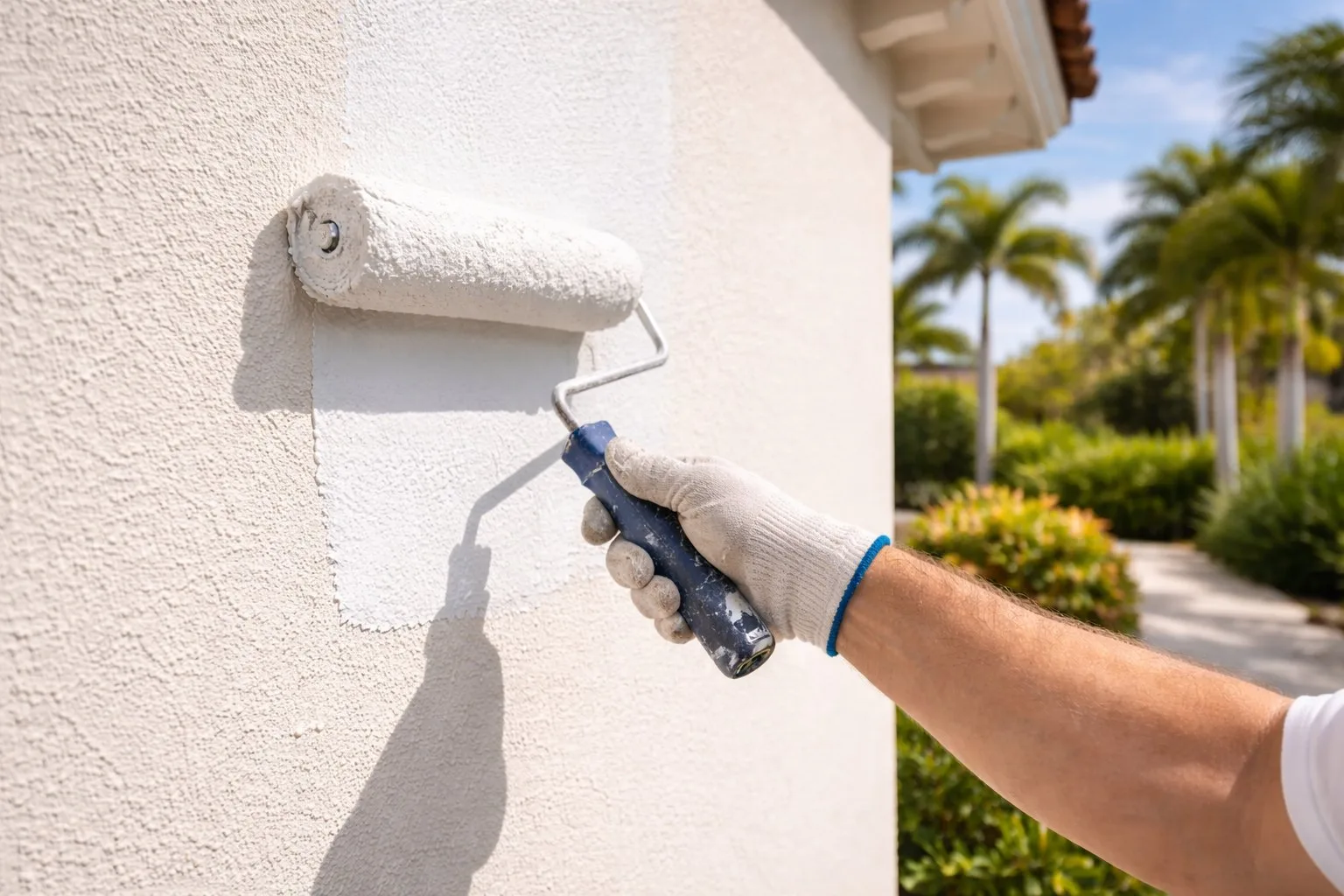 Gloved hand rolling elastomeric waterproof coating onto stucco exterior wall of a South Florida home with palm trees and blue sky in background