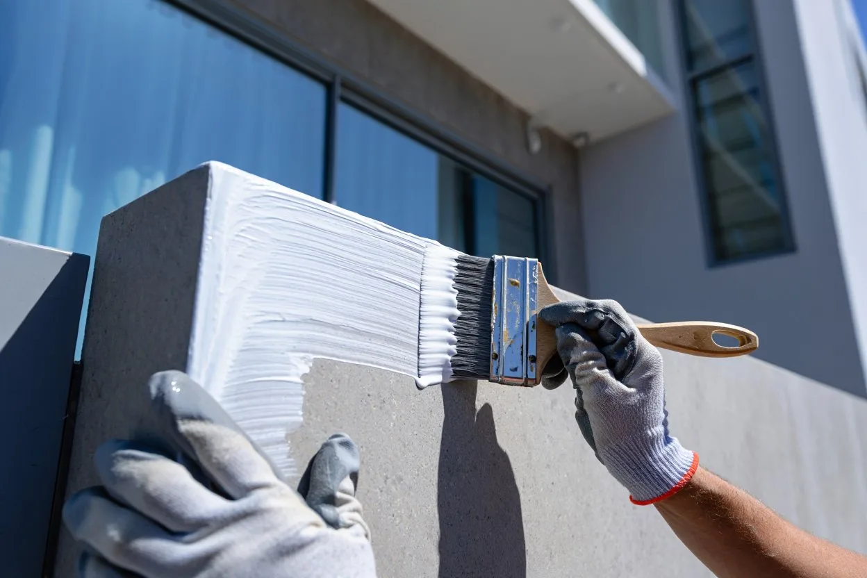 Gloved hands brushing white waterproof coating onto modern concrete exterior wall of a West Palm Beach commercial building