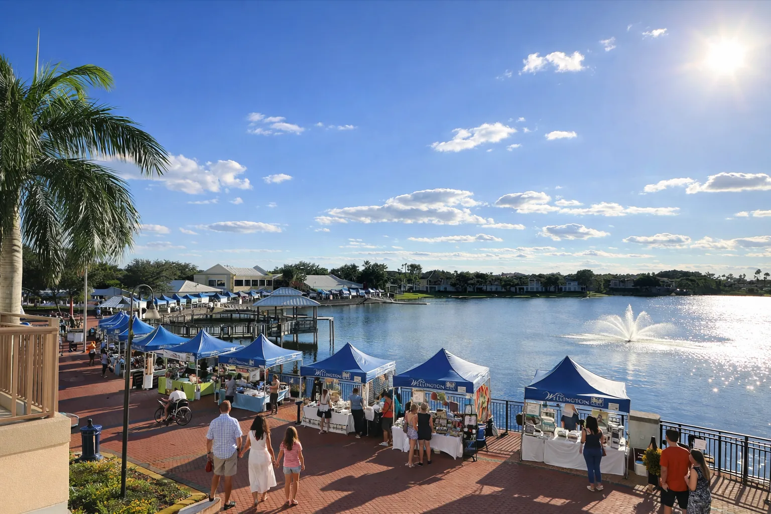 Wellington waterfront market with blue tents and lake views